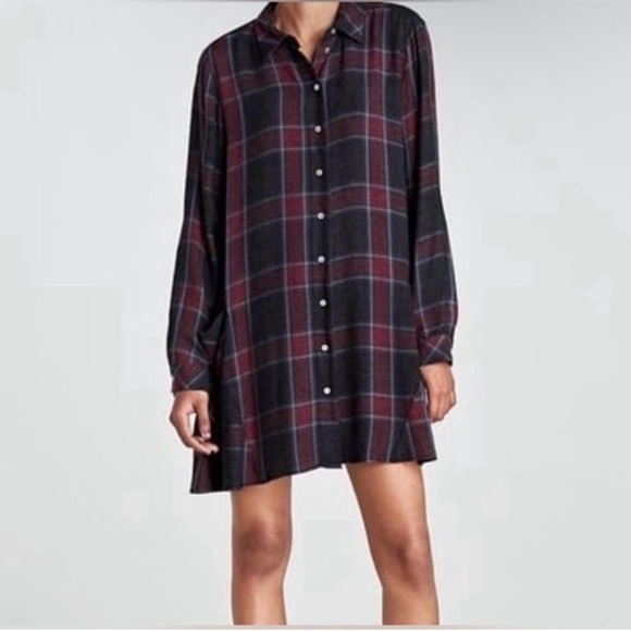 ZARA Plaid Button-Up Mini Shirt Dress With Pockets Size XS - Picture 2 of 5